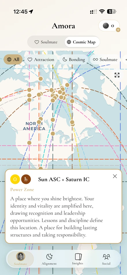 Amora app cosmic map displaying personality-based compatibility matches