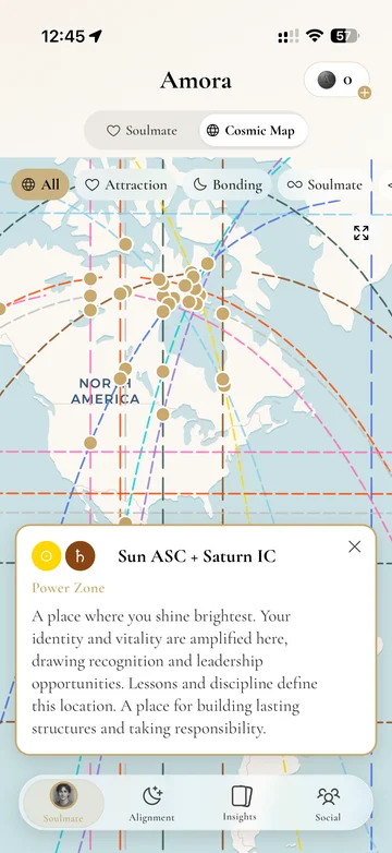 Amora app cosmic map displaying personality-based compatibility matches