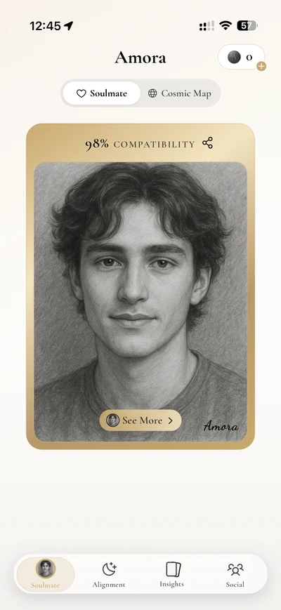 Amora app soulmate personality profile screen showing compatibility traits