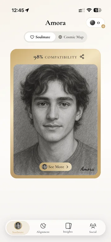 Amora app soulmate personality profile screen showing compatibility traits